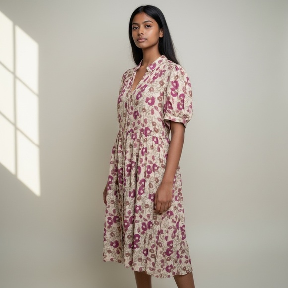 The Korner Dresses & Skirts - Floral Puff-Sleeve Midi Dress in Beige and Mauve